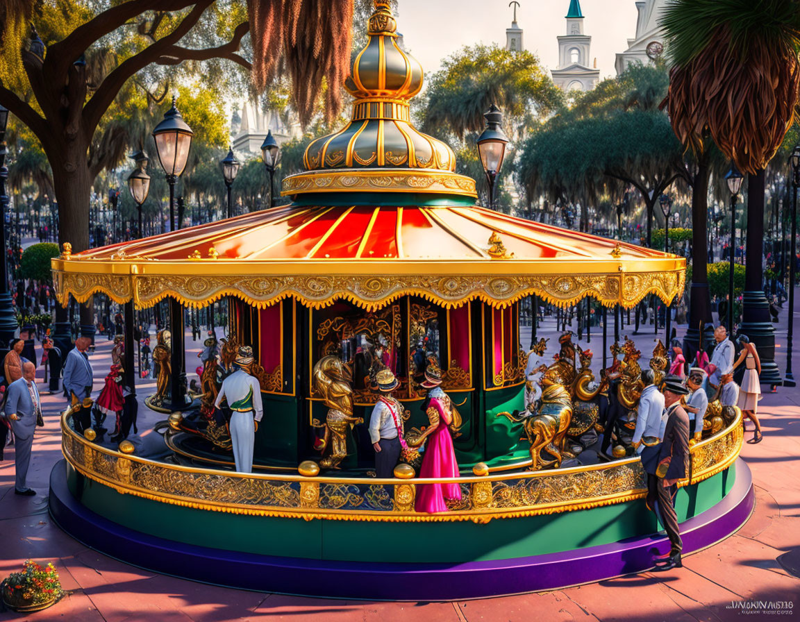 Vibrant carousel with ornate decorations in bustling plaza