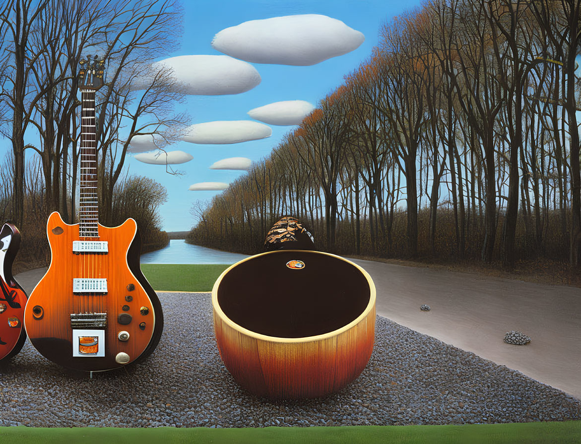 Surreal landscape with oversized guitar, coffee cup, trees, and cloudy sky