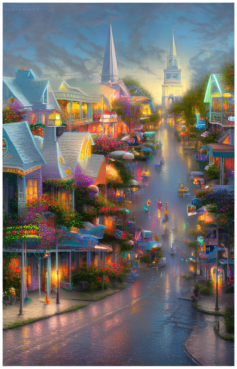 Colorful Dusk Street Scene with Illuminated Buildings and Water Channel