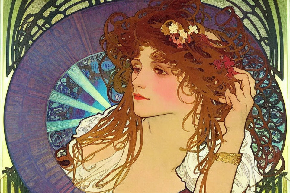 Reddish-Haired Woman with Floral Adornments in Art Nouveau Style