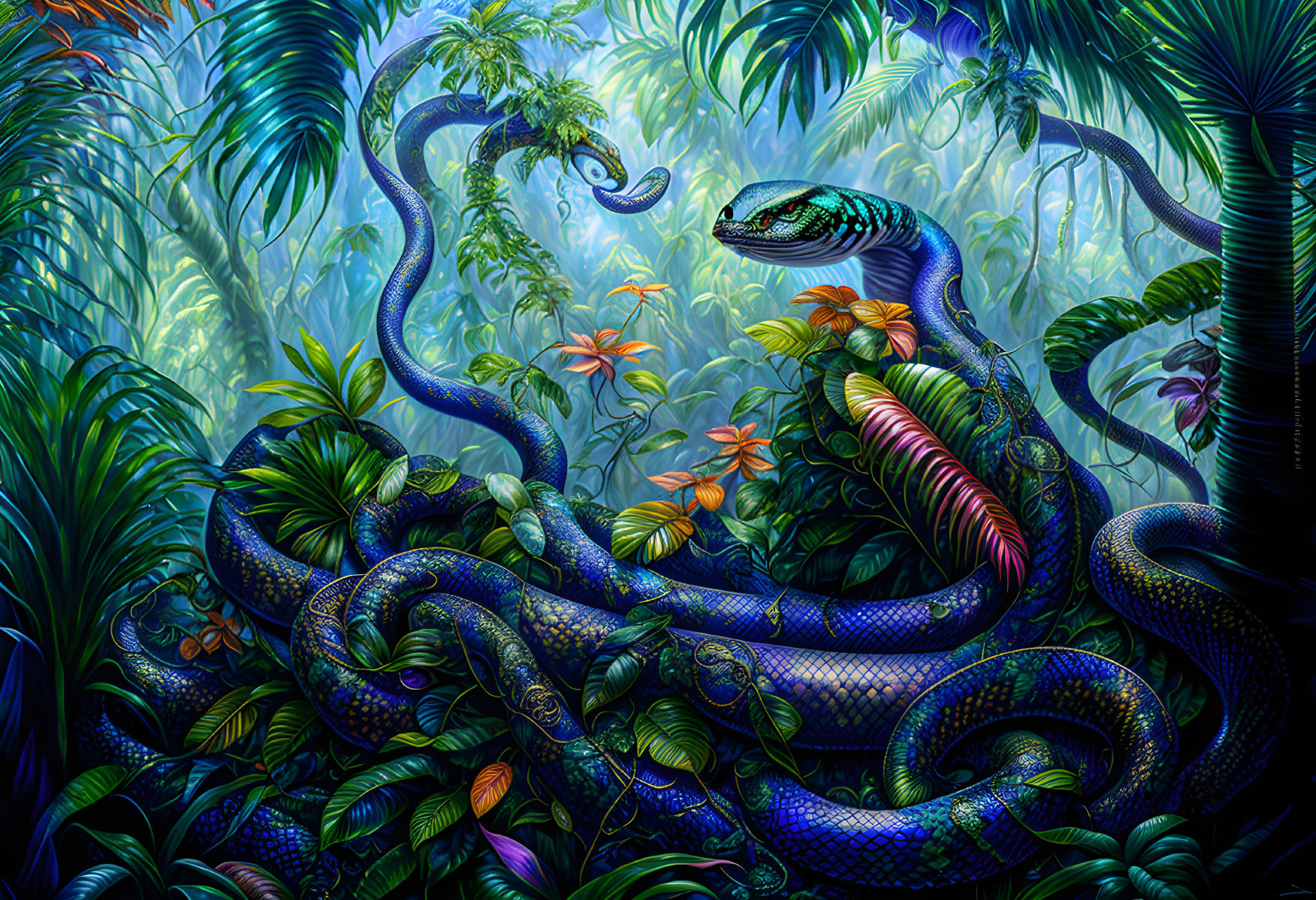 Colorful Patterned Snake Among Tropical Foliage in Blue Light