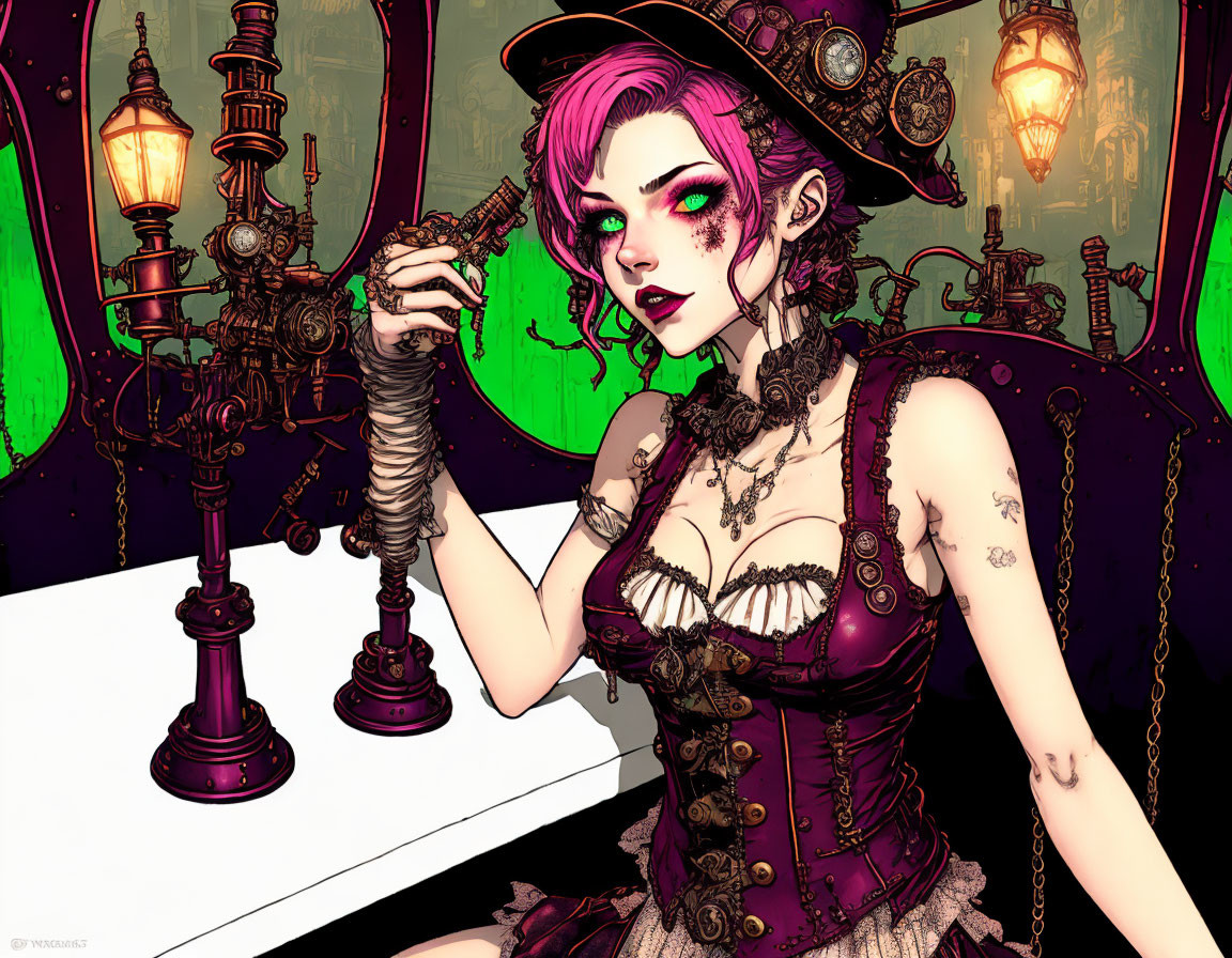 Illustration of woman with purple hair in steampunk attire holding mechanical device