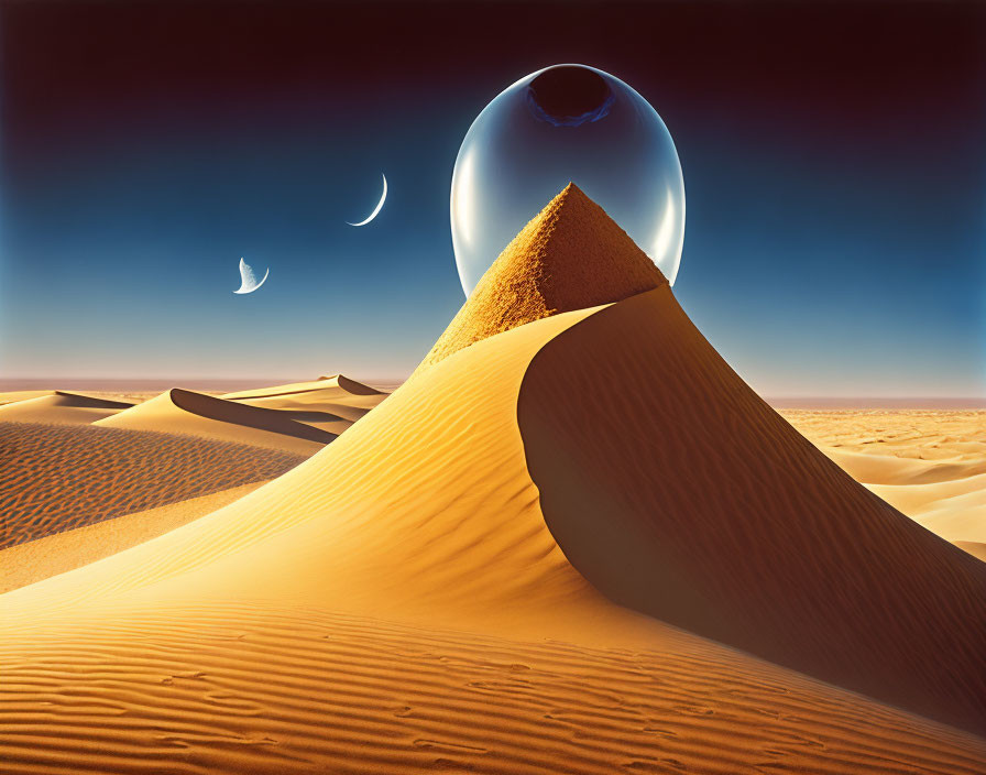 Surreal desert landscape with sand dunes, pyramid, crystal ball, and moons