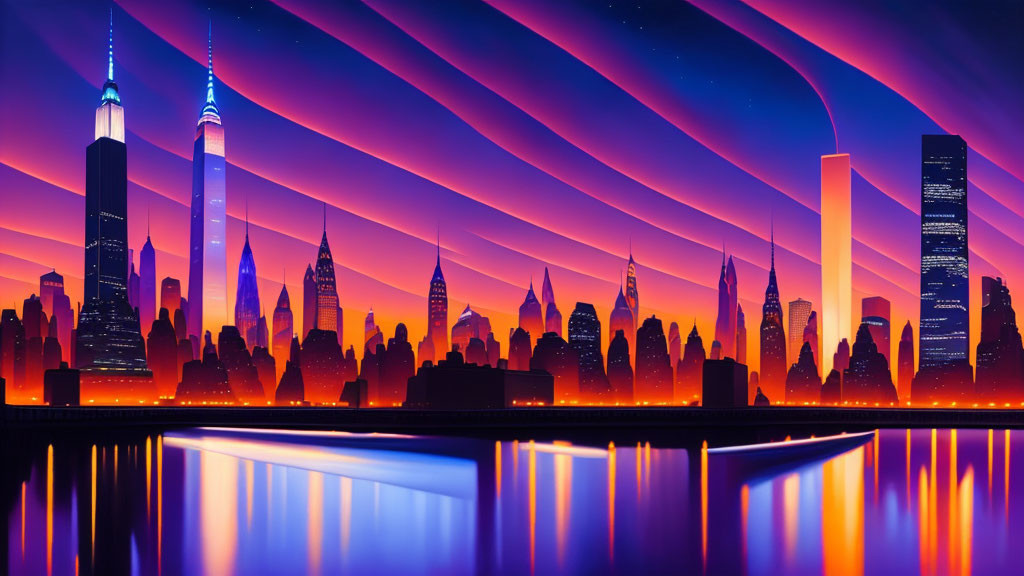 Colorful digital city skyline artwork at sunset with reflective waters and futuristic clouds.