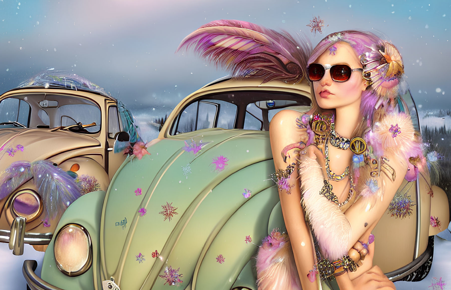 Fantasy character with avian features and vintage cars in snowy landscape