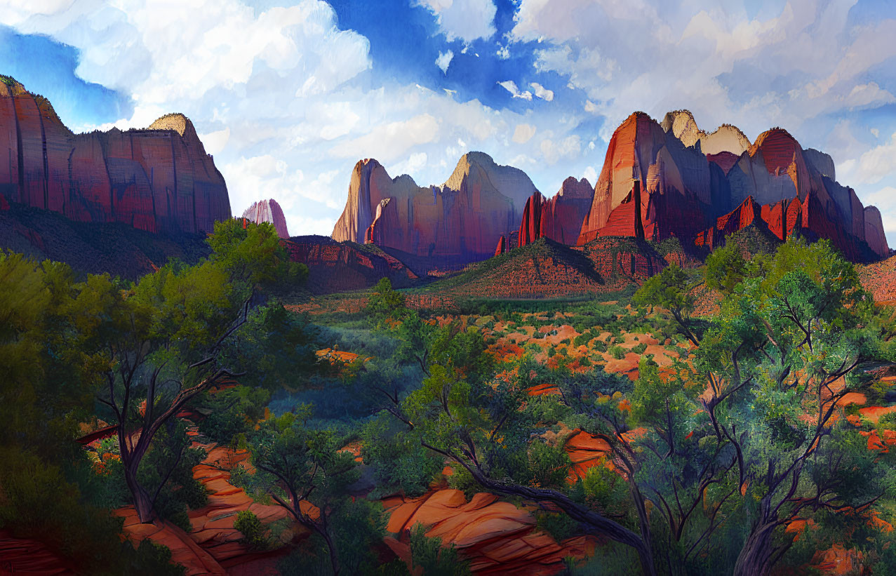 Colorful desert landscape with red rock formations and greenery