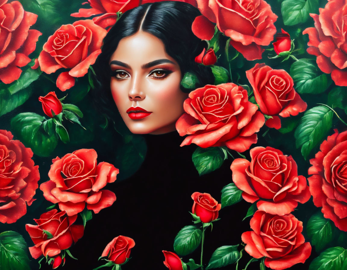 Dark-haired woman with red lipstick among red roses on dark backdrop