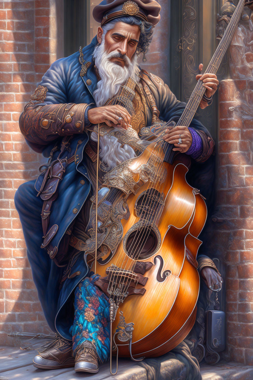 Elderly musician playing ornate stringed instrument against brick backdrop