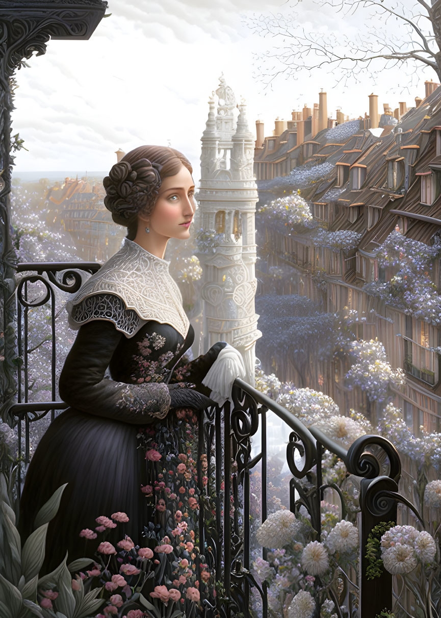 Victorian-era woman in floral black dress on balcony overlooking blooming cityscape.