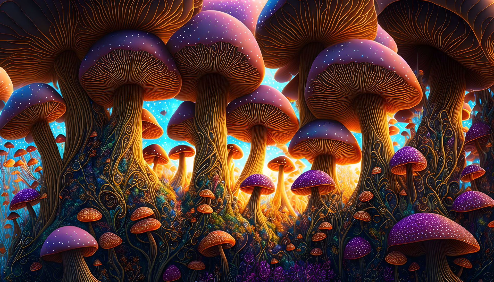 Psychedelic forest with oversized glowing mushrooms and intricate patterns