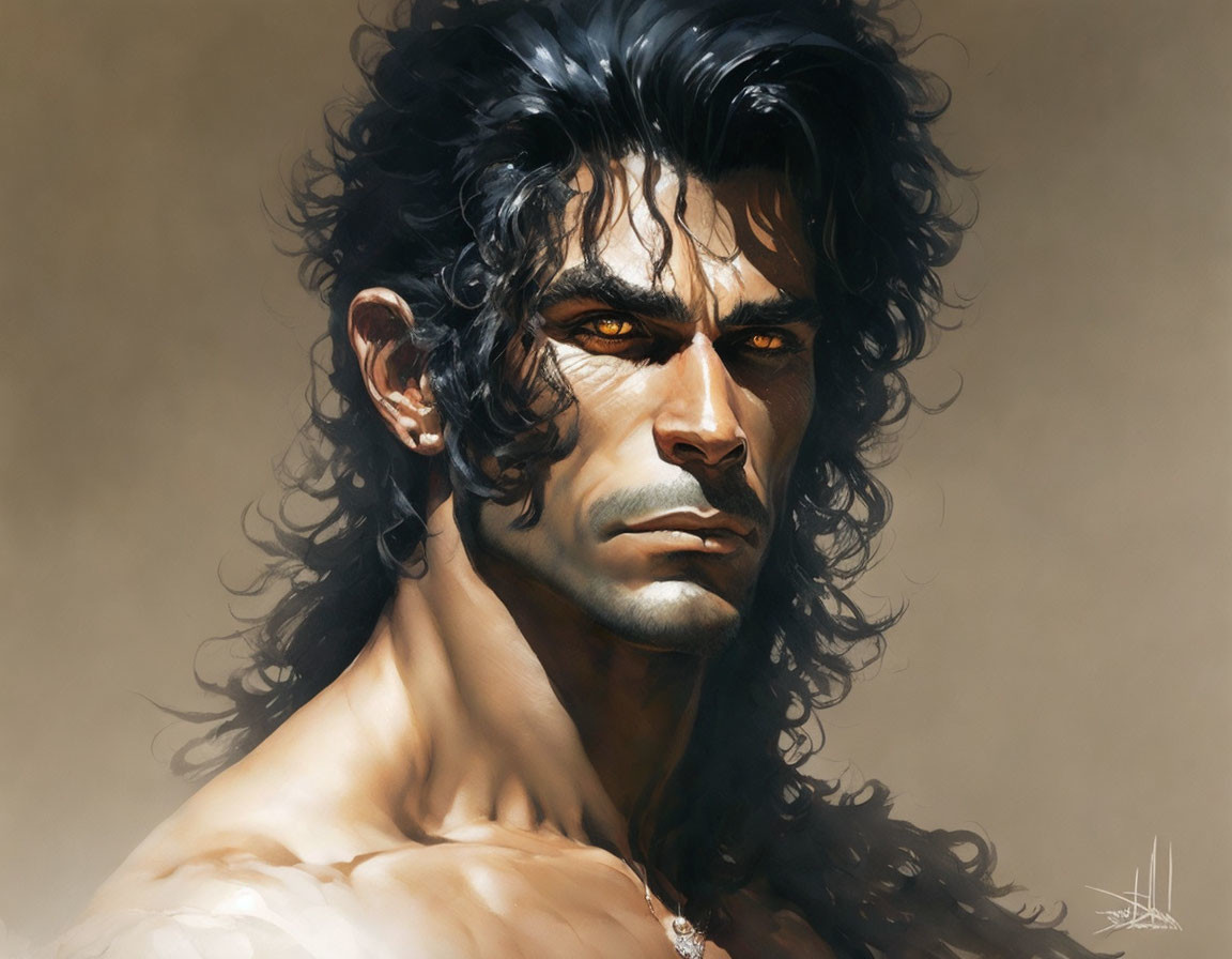 Detailed illustration of muscular man with dark, wavy hair and stern expression