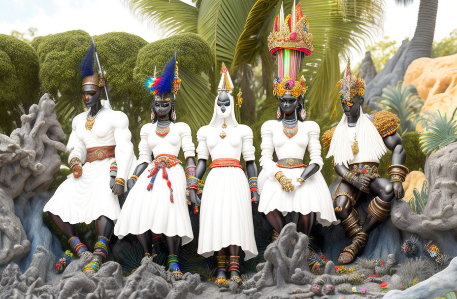 Five tribal figure statues with intricate headgear and masks in a tropical setting.