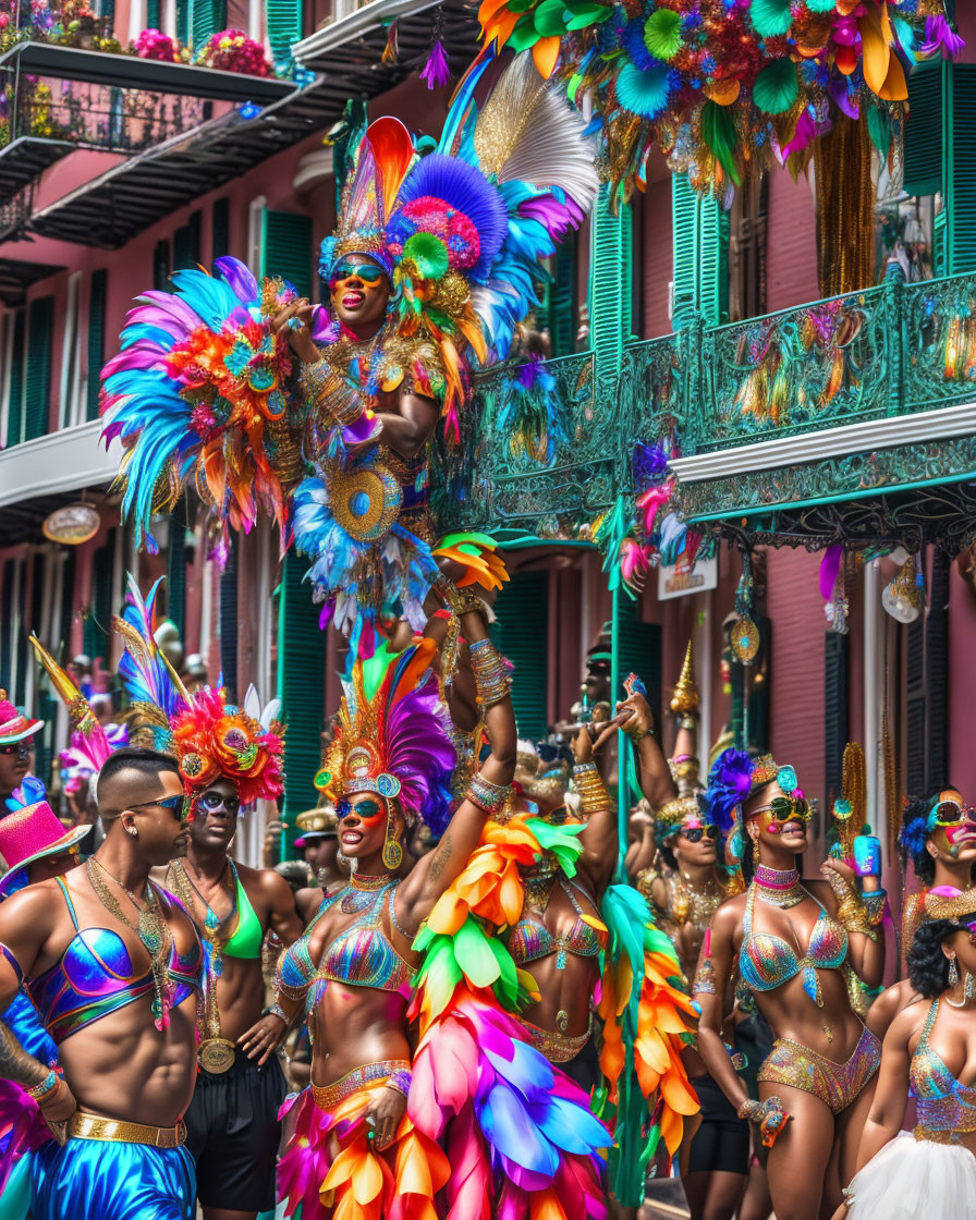 Colorful street carnival with people in feathered costumes and masks.