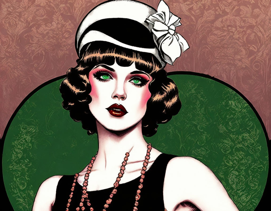 1920s fashion illustration: woman with flapper hat, bobbed hair, pearls