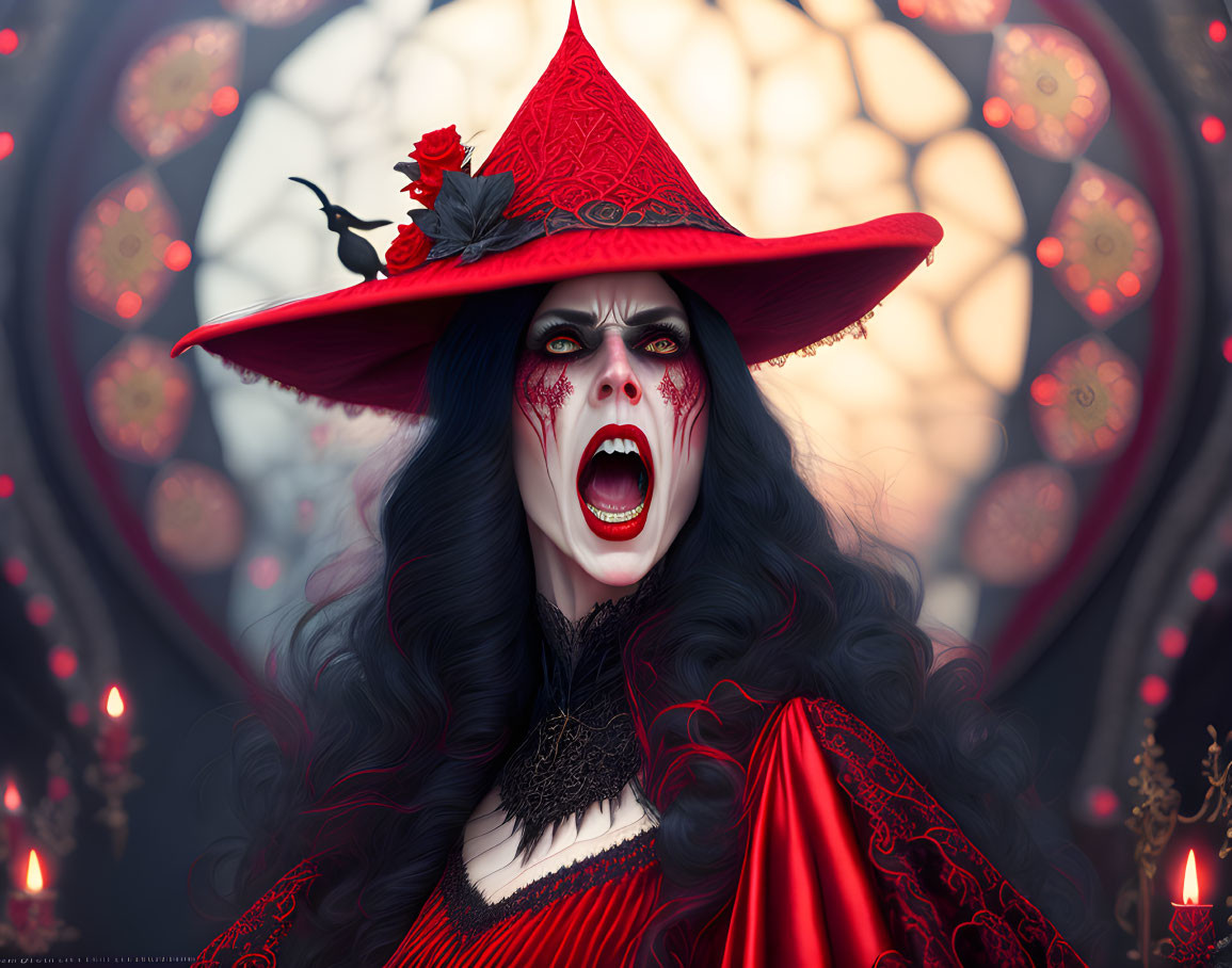 Elaborate red and black gothic attire with dramatic makeup and fangs in mystical setting