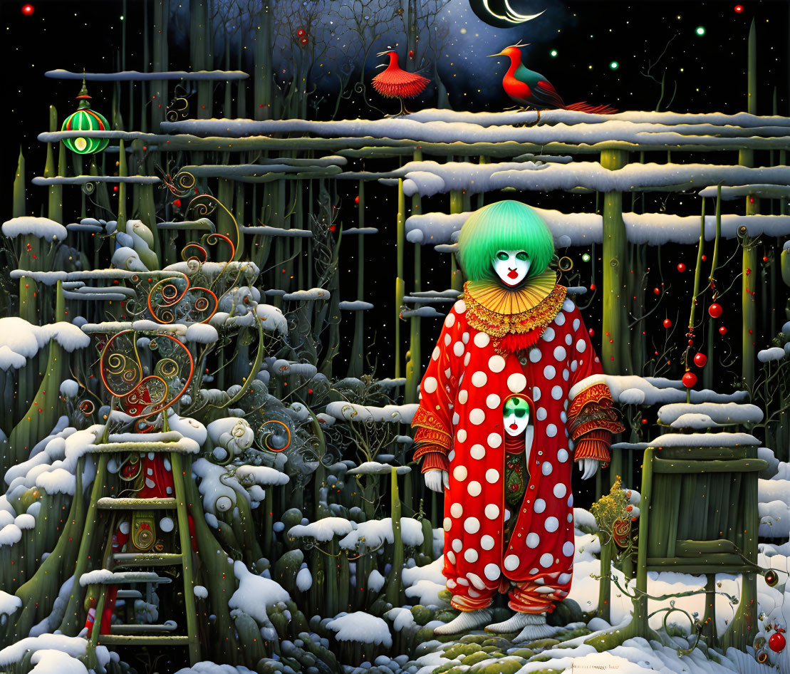 Colorful Clown by Snowy Gate with Festive Decorations and Night Sky