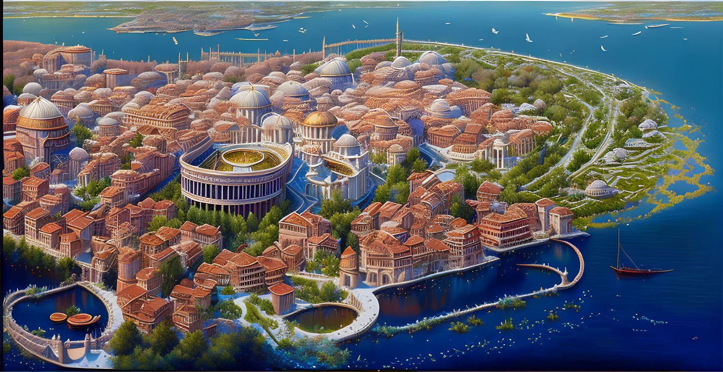 Ancient coastal city with domed structures, central building, boats, and greenery