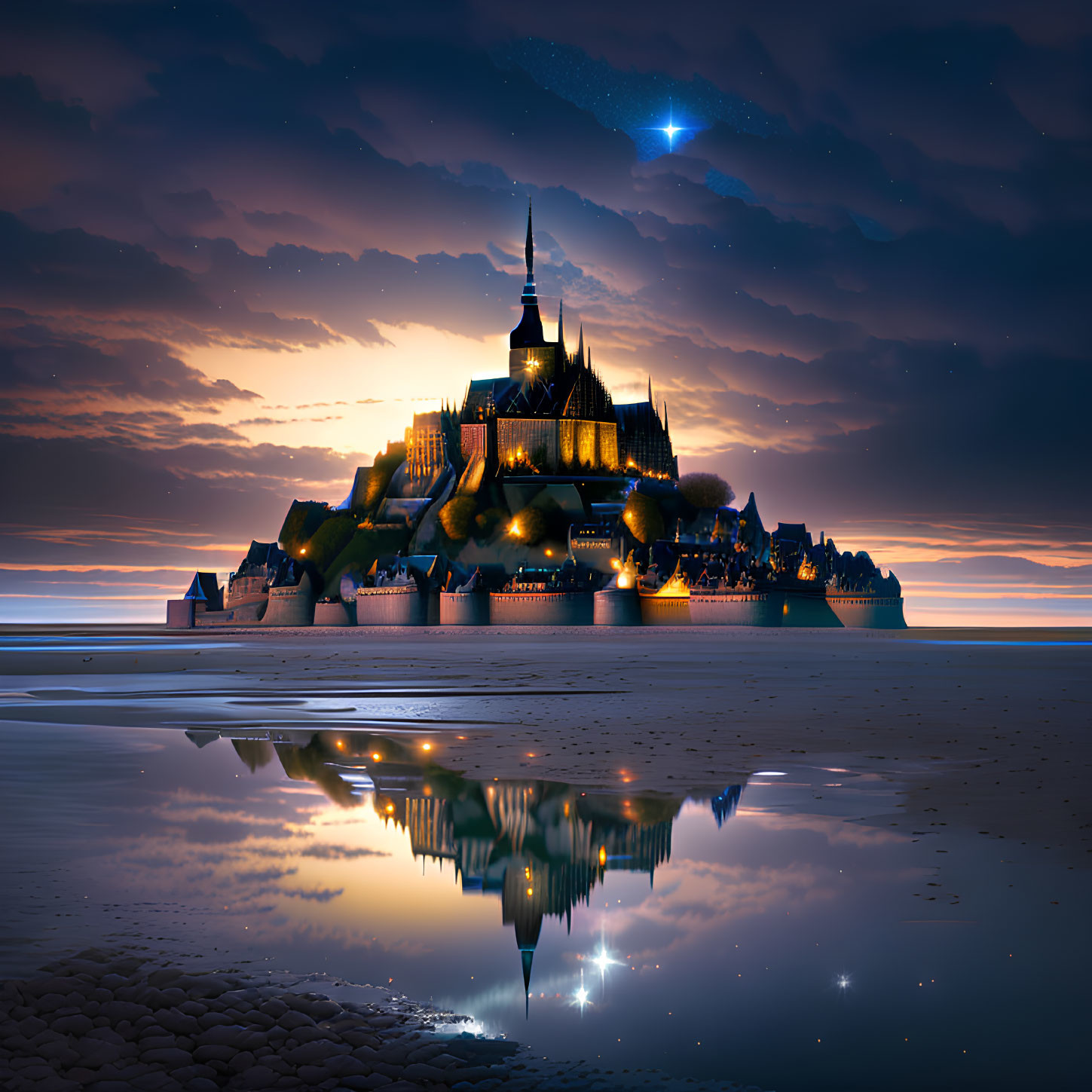 Twilight view of Mont Saint-Michel with star reflection