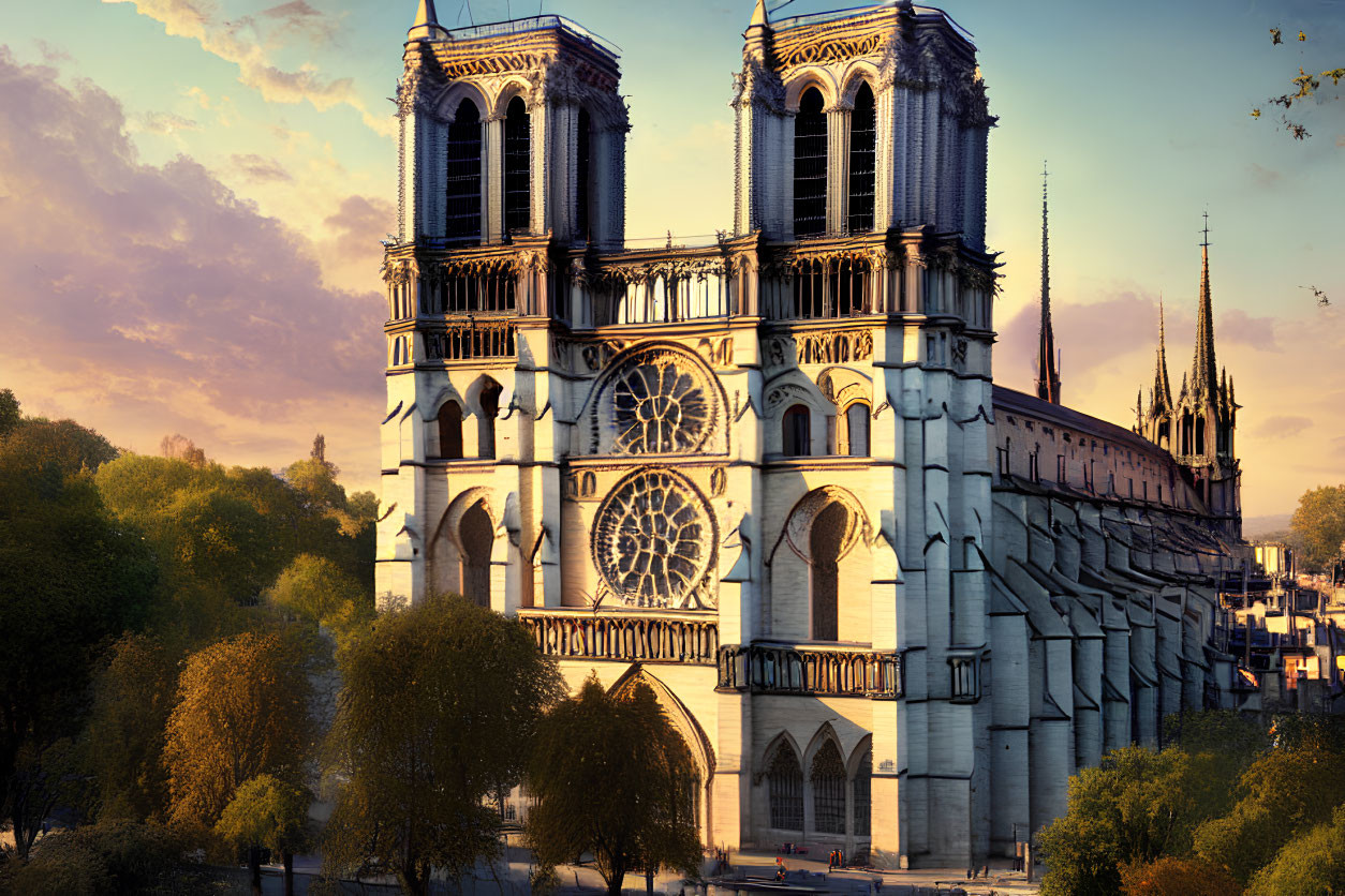 Iconic Gothic architecture of Notre-Dame Cathedral in Paris with twin towers and rose window under warm sunlight