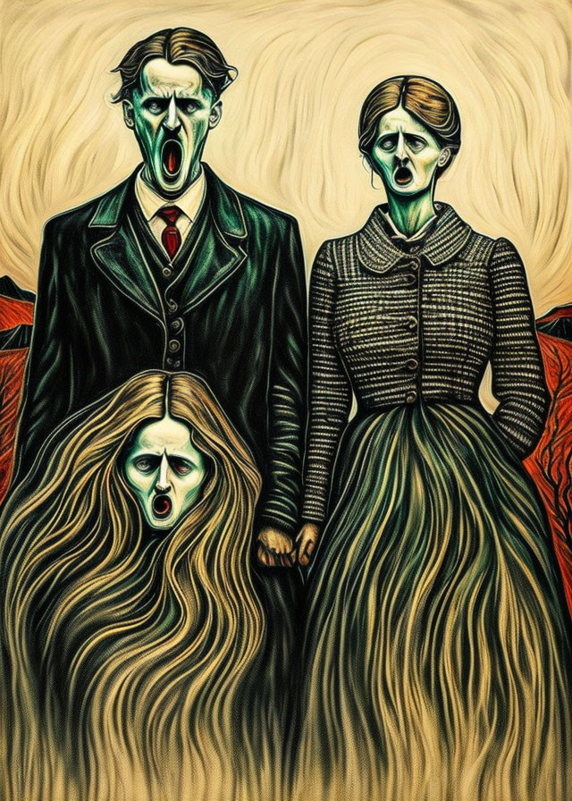 Illustration of three people with exaggerated expressions and wavy lines