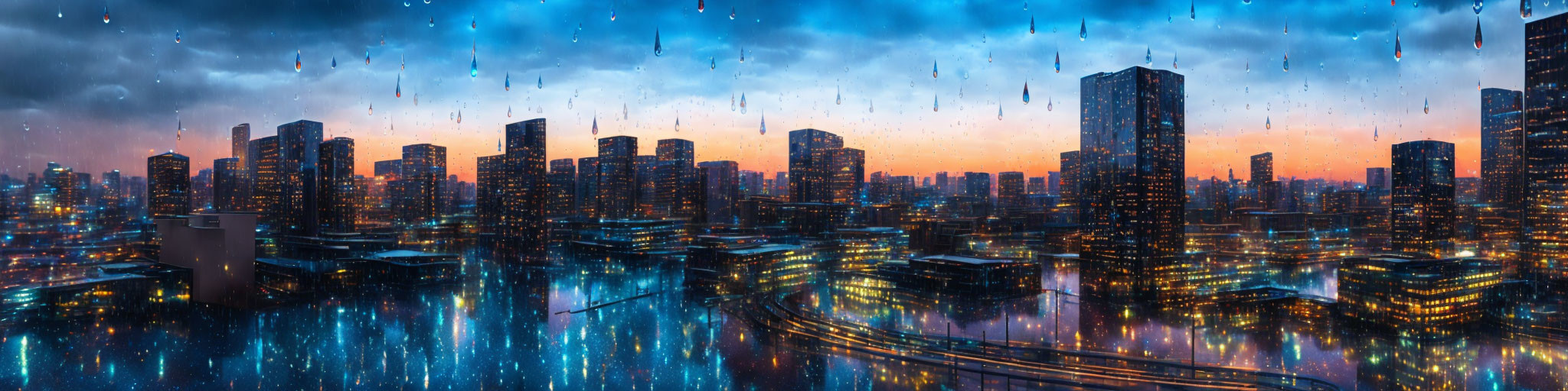 Futuristic cityscape at twilight: illuminated buildings, rainy sky, sparkling lights