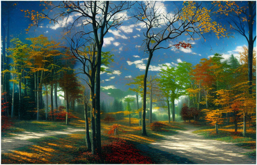 Colorful Autumn Forest Scene with Sunbeams and Split Path