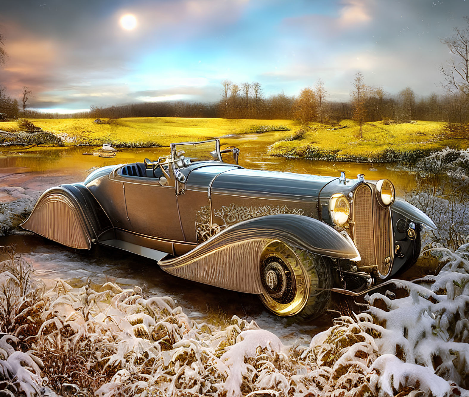 Classic Vintage Car in Frosty Landscape with Dramatic Sky