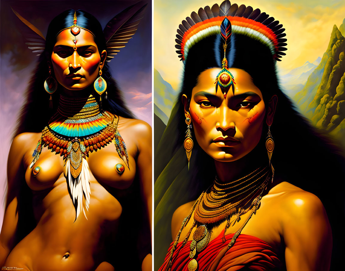 Native American women portraits with traditional jewelry and headdresses in mountainous landscape