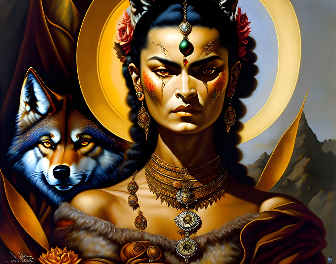 Woman in regal attire with wolf against mountain backdrop