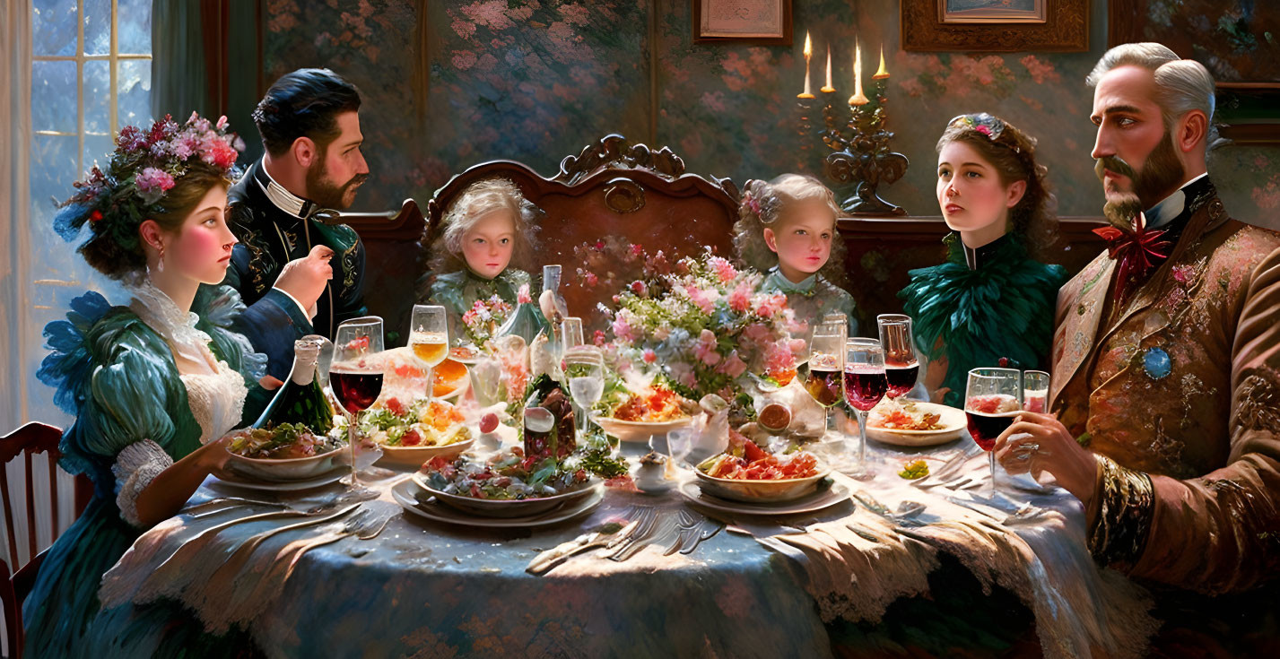 Victorian-era family dining in a lavish, flower-adorned room