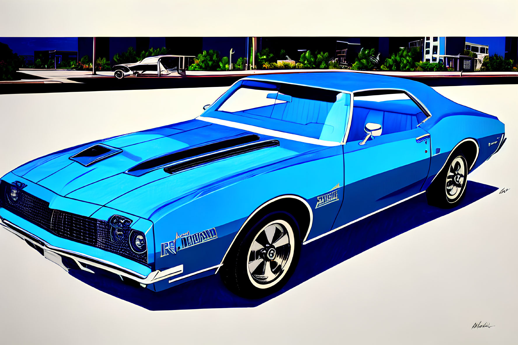 Vintage Blue Muscle Car with White Stripes Among Palm Trees