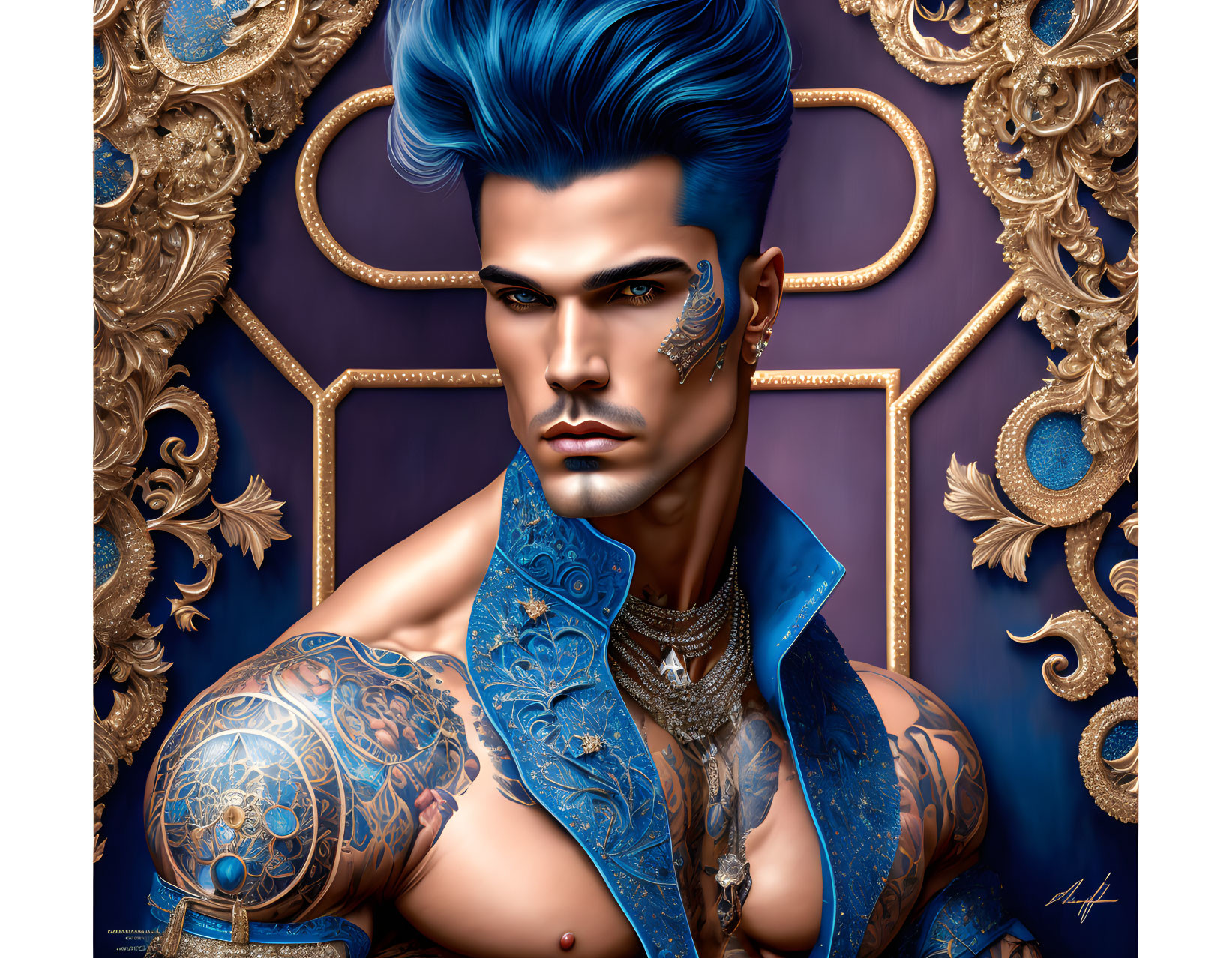 Illustrated male figure with blue hair and tattoos in ornate golden frame pattern