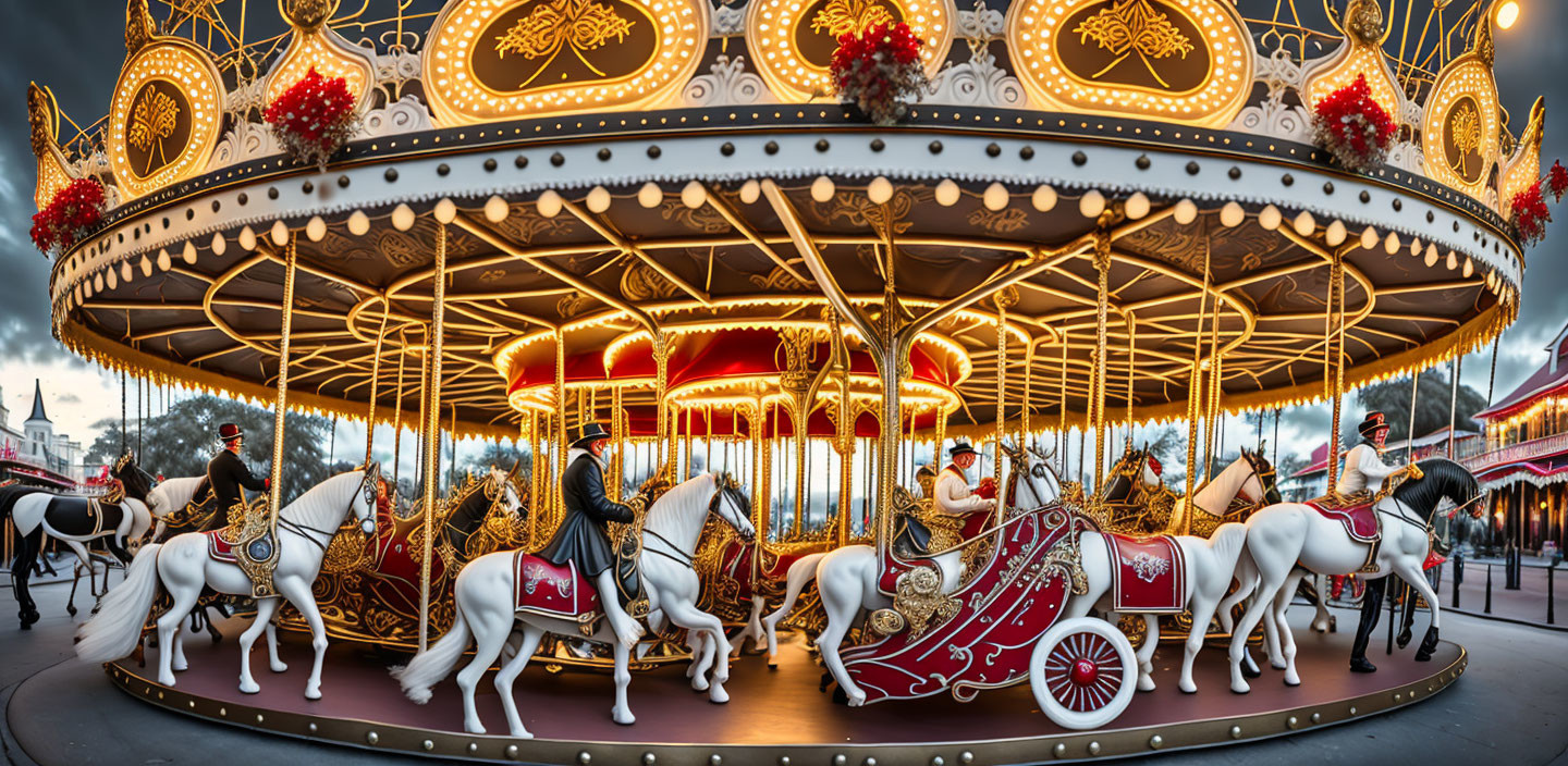 Ornate carousel with golden embellishments and white horses at dusk