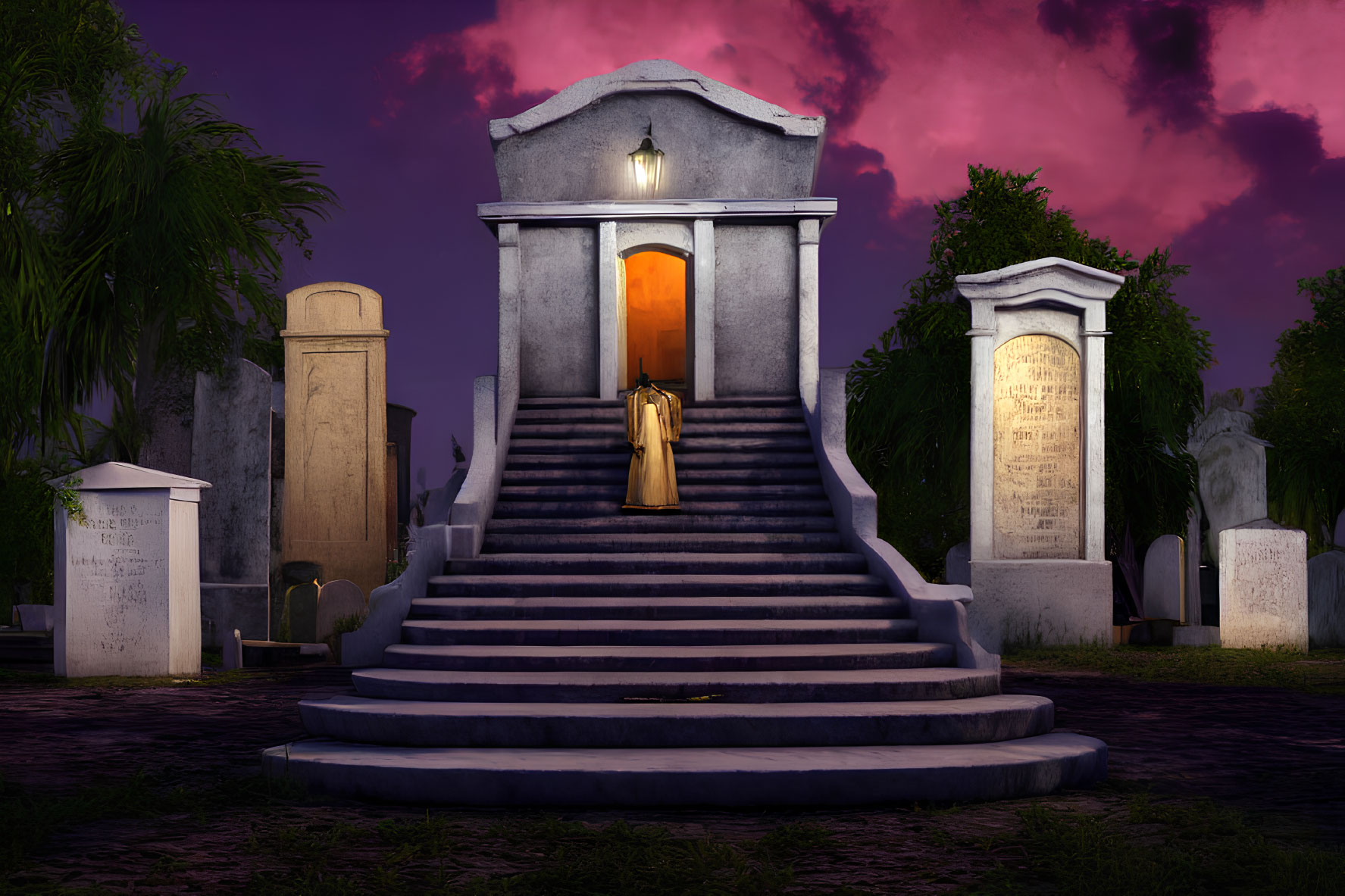 Person in yellow dress at mausoleum doorway at twilight surrounded by graves and greenery