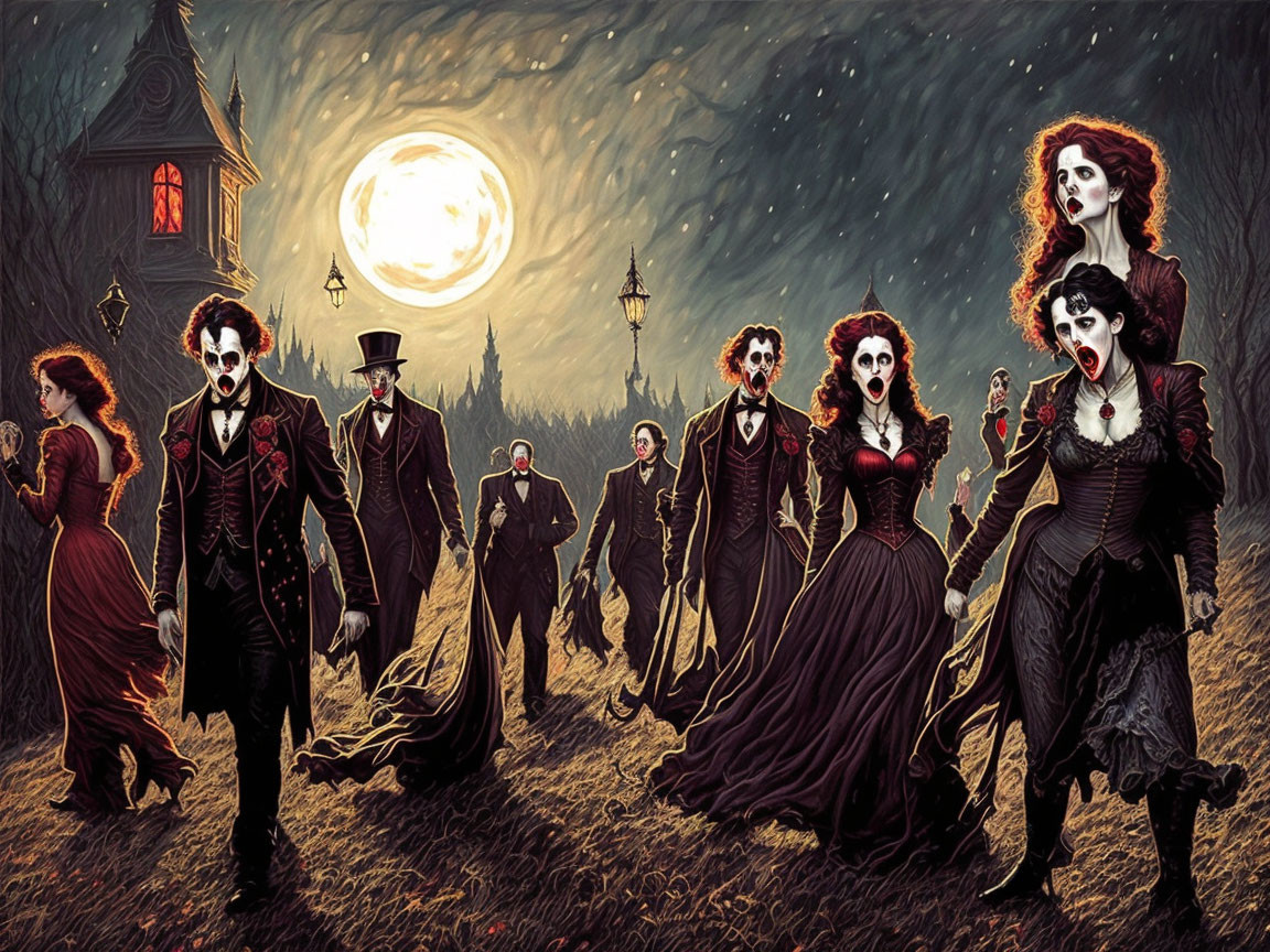 Stylized Victorian vampires under full moon with haunted house & trees.