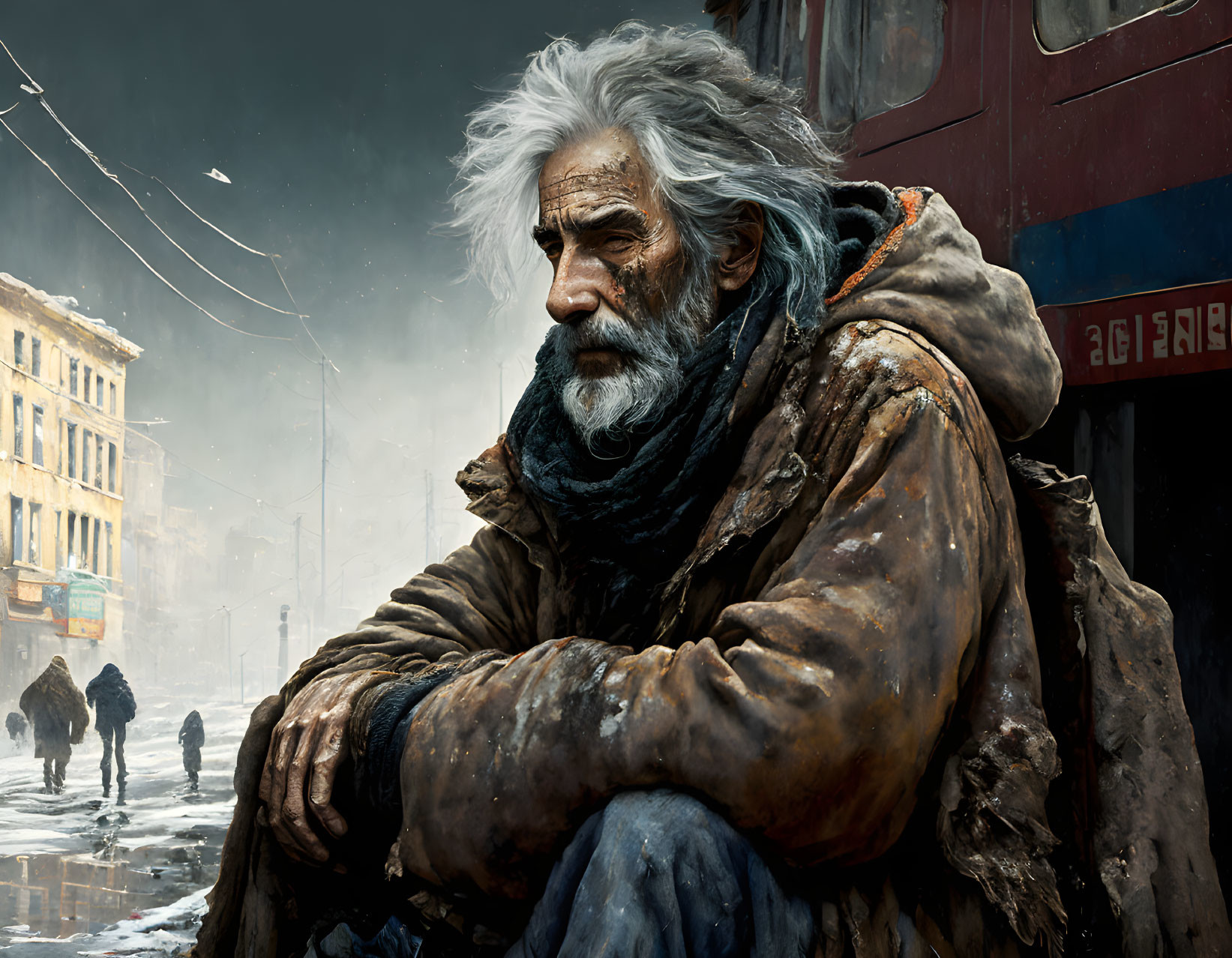 Elderly Bearded Man in Tattered Clothes on Snowy City Street