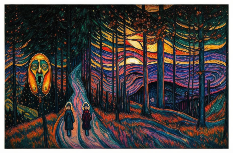 Vibrant painting of figures in colorful forest with ghostly face