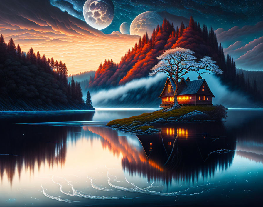 Surreal landscape with house, lake, trees, dual moons, and starry sky