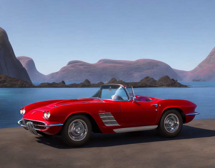 Red Convertible Car Parked by Tranquil Lake and Hills under Blue Sky