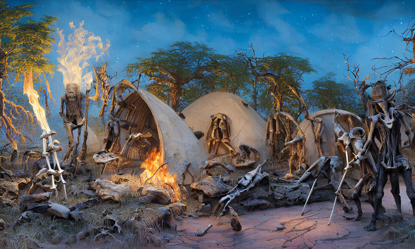 Prehistoric campsite with people in primitive attire at dusk