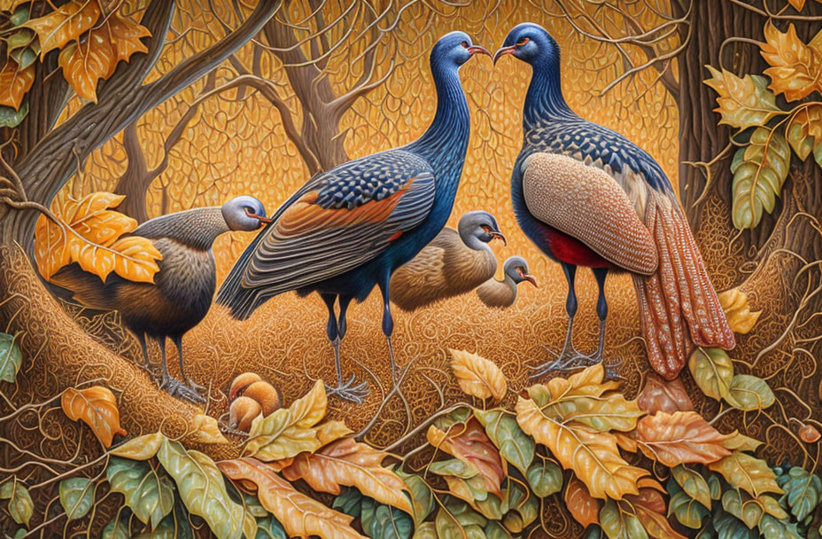 Five pheasants in autumn leaves, two forming heart shape.