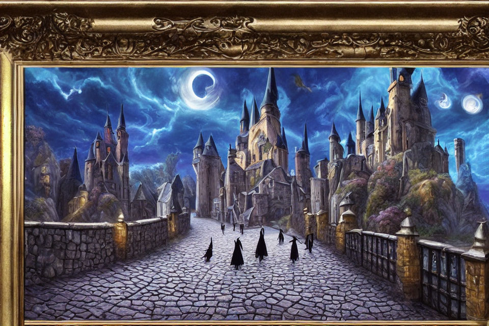 Fantasy painting: Majestic castle at twilight with robed figures on bridge under two moons