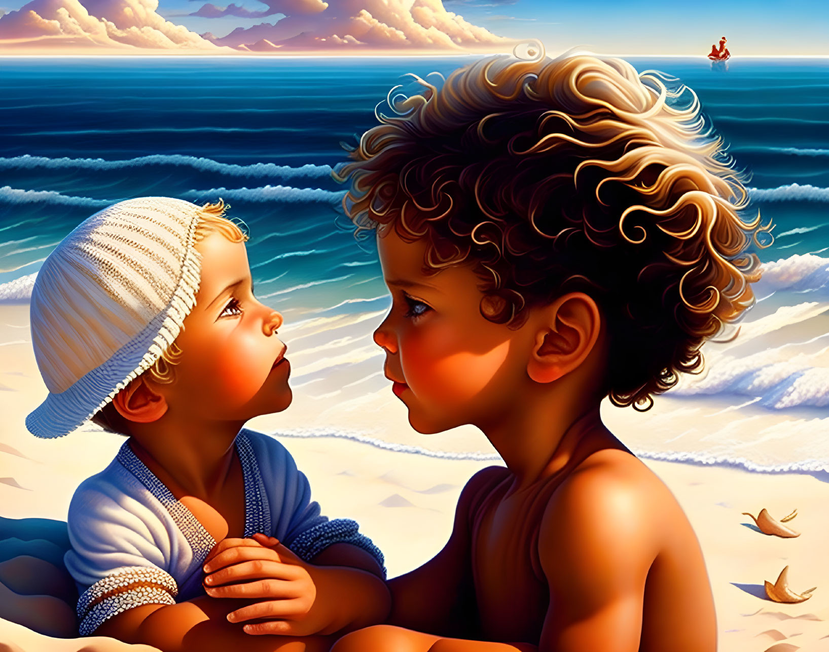 Curly-Haired Children on Beach with Sailboat