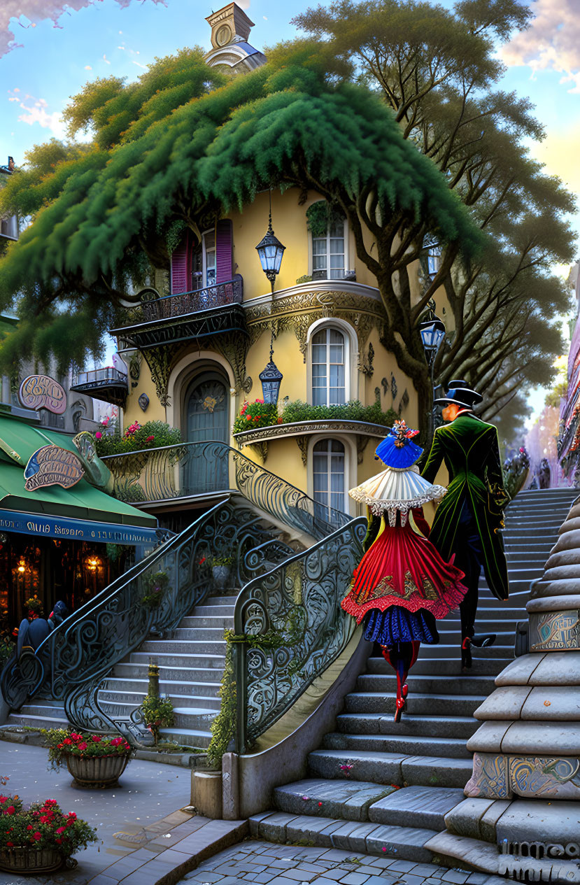 Colorful digital artwork: Woman with parasol climbing steps by quaint building