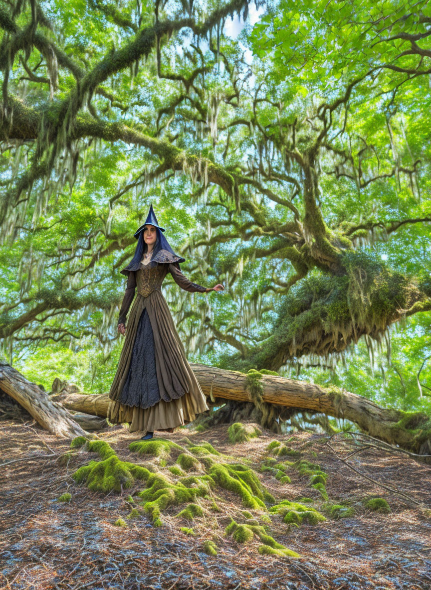 Person in witch costume in enchanted forest with mystical ambiance