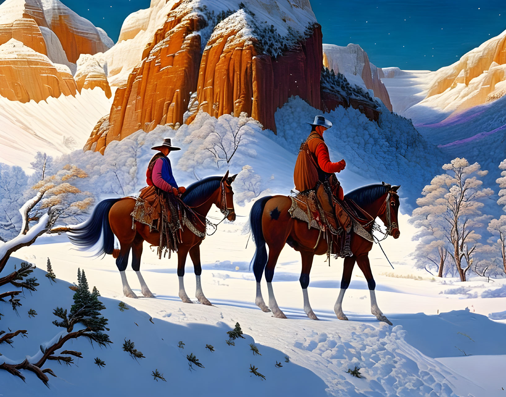 Cowboys on horseback in snowy landscape with red rocks and evergreens