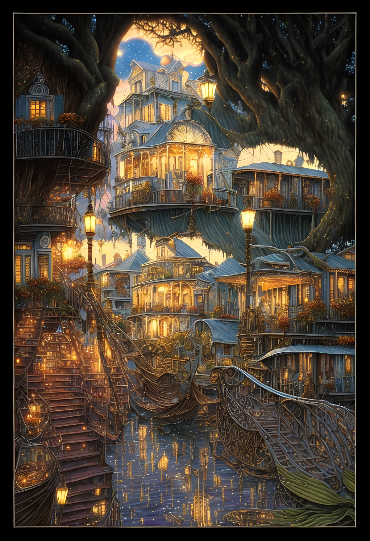 Treehouse Village Night Scene with Lit Homes and Gondola