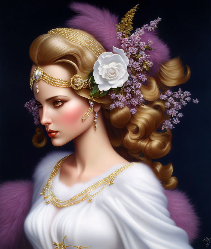 Classical portrait of elegant woman with gold headpiece, white rose, lavender, white dress, and