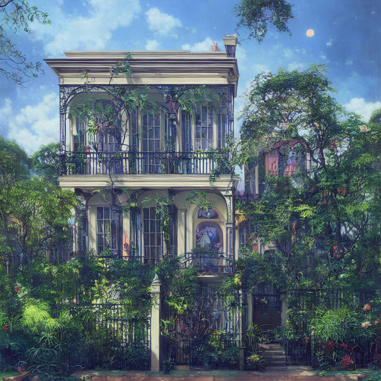 Vintage two-story house with iron balconies in lush greenery under clear blue sky.