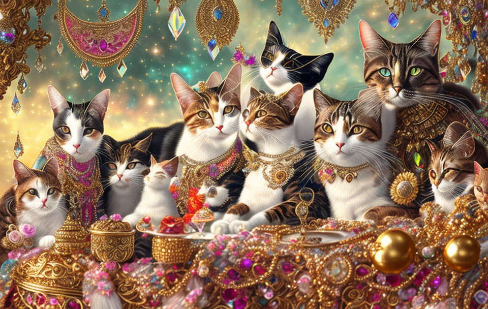 Detailed Fantasy Scene Featuring Adorned Cats and Golden Ornaments